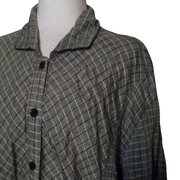 Flax Black Cream Button Front Grid Print 100% Linen Shacket Front Pockets Large - Picture 3 of 8